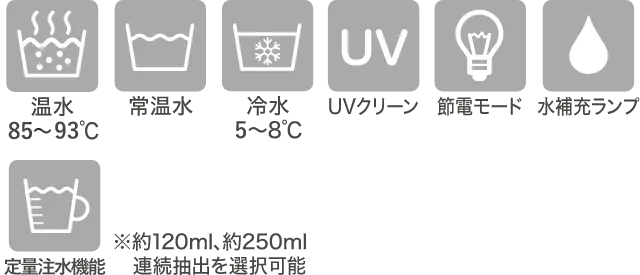 温水85~93℃,常温水,冷水5~8℃,UVクリーン,節電モード,水補充ランプ,定量注水機能 ※約120ml,約250ml 連続抽出を選択可能